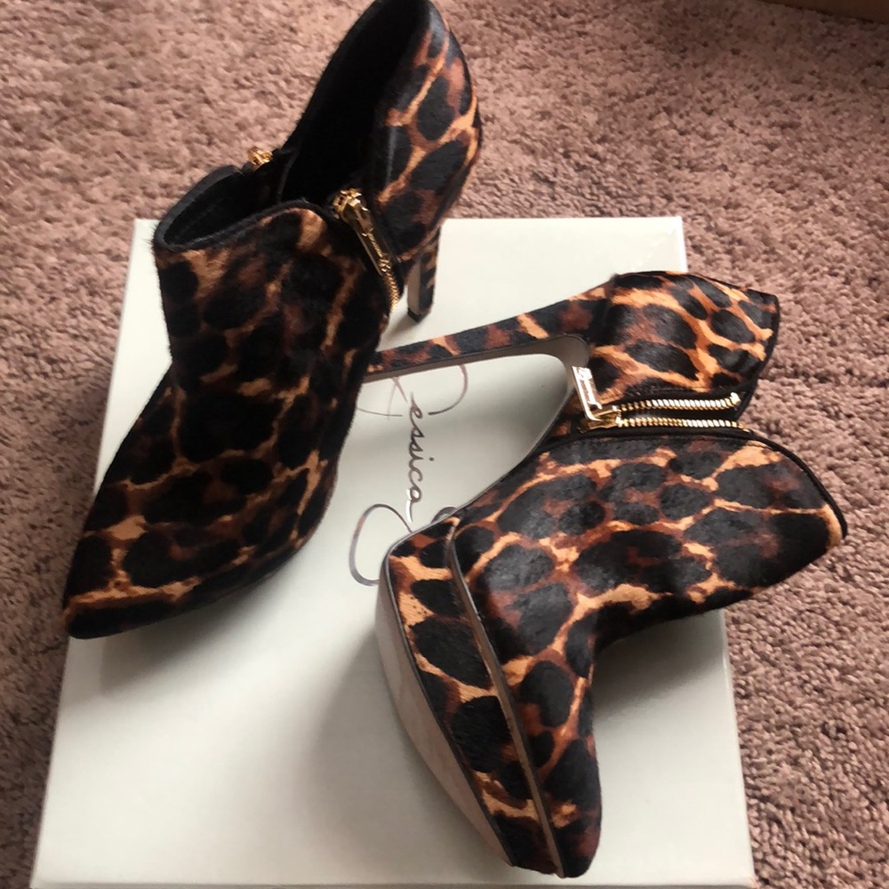 Leopard print faux fur heels
